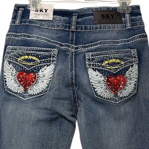 Sky Premium flared denim jeans embroidered angel wings back pockets Y2K